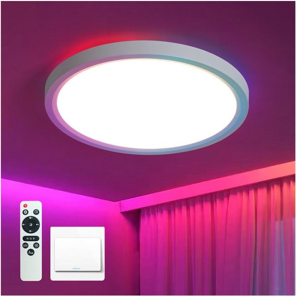JDONG LED Deckenleuchte RGBIC 24W/36W, Led Deckenlampe dimmbar mit mit Fernbedienung, Deckenlampe Rund Flach Ø30cm/40cm, LED fest integriert, Deckenbeleuchtung 