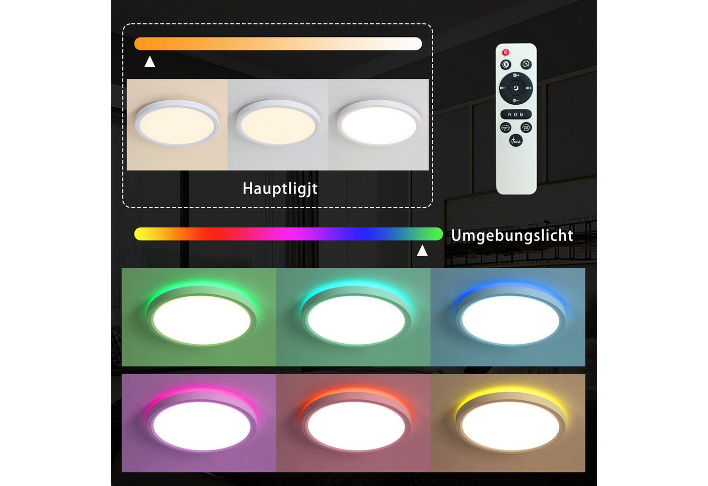 JDONG LED Deckenleuchte RGBIC 24W/36W, Led Deckenlampe dimmbar mit mit Fernbedienung, Deckenlampe Rund Flach Ø30cm/40cm, LED fest integriert, Deckenbeleuchtung  – Bild 2 von 5