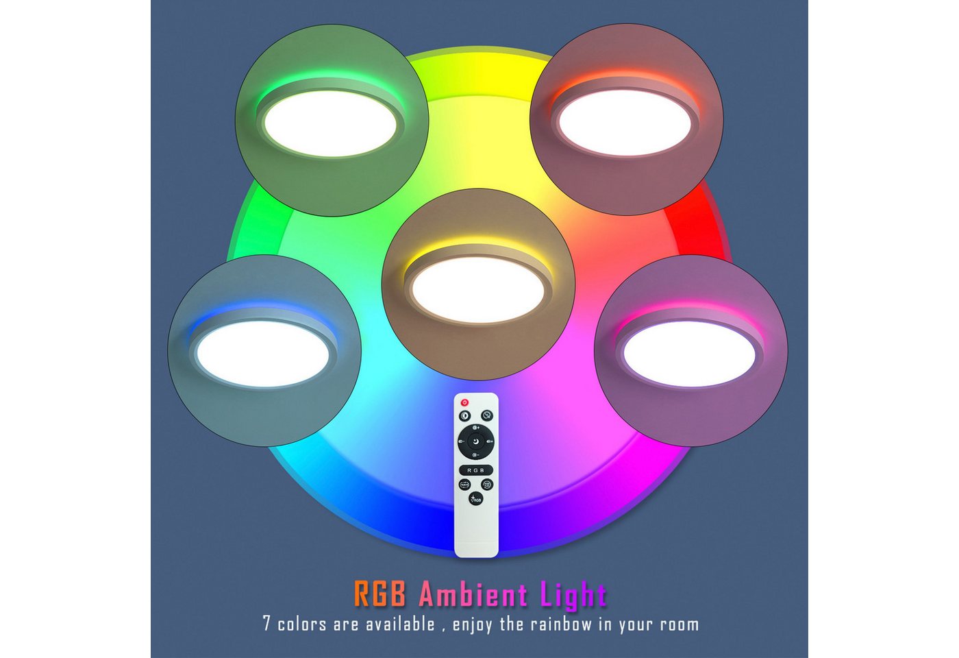 JDONG LED Deckenleuchte RGBIC 24W/36W, Led Deckenlampe dimmbar mit mit Fernbedienung, Deckenlampe Rund Flach Ø30cm/40cm, LED fest integriert, Deckenbeleuchtung  – Bild 4 von 5