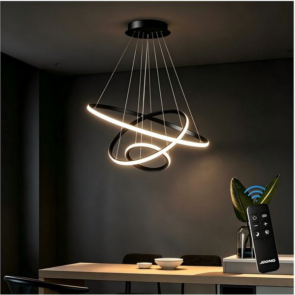 JDONG LED Pendelleuchte 3 Ringen Modern LED Hängelampe Schwarz 53*40*20cm, 54W Esstischlampe Dimmbar mit Fernbedienung, 3000K–6500K Höhenverstellbar 120cm, DIY 