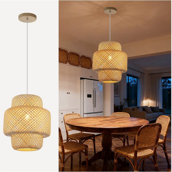JDONG Pendelleuchte 30CM Pendelleuchte Boho lampe Lampenschirm Bambus E27, ohne Leuchtmittel, Rustic, Handgeflochtene Vintage schlafzimmerlampe,Beige, Beleuchtu