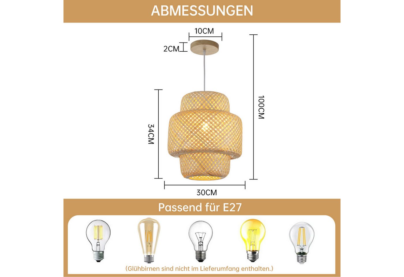 JDONG Pendelleuchte 30CM Pendelleuchte Boho lampe Lampenschirm Bambus E27, ohne Leuchtmittel, Rustic, Handgeflochtene Vintage schlafzimmerlampe,Beige, Beleuchtu – Bild 3 von 5