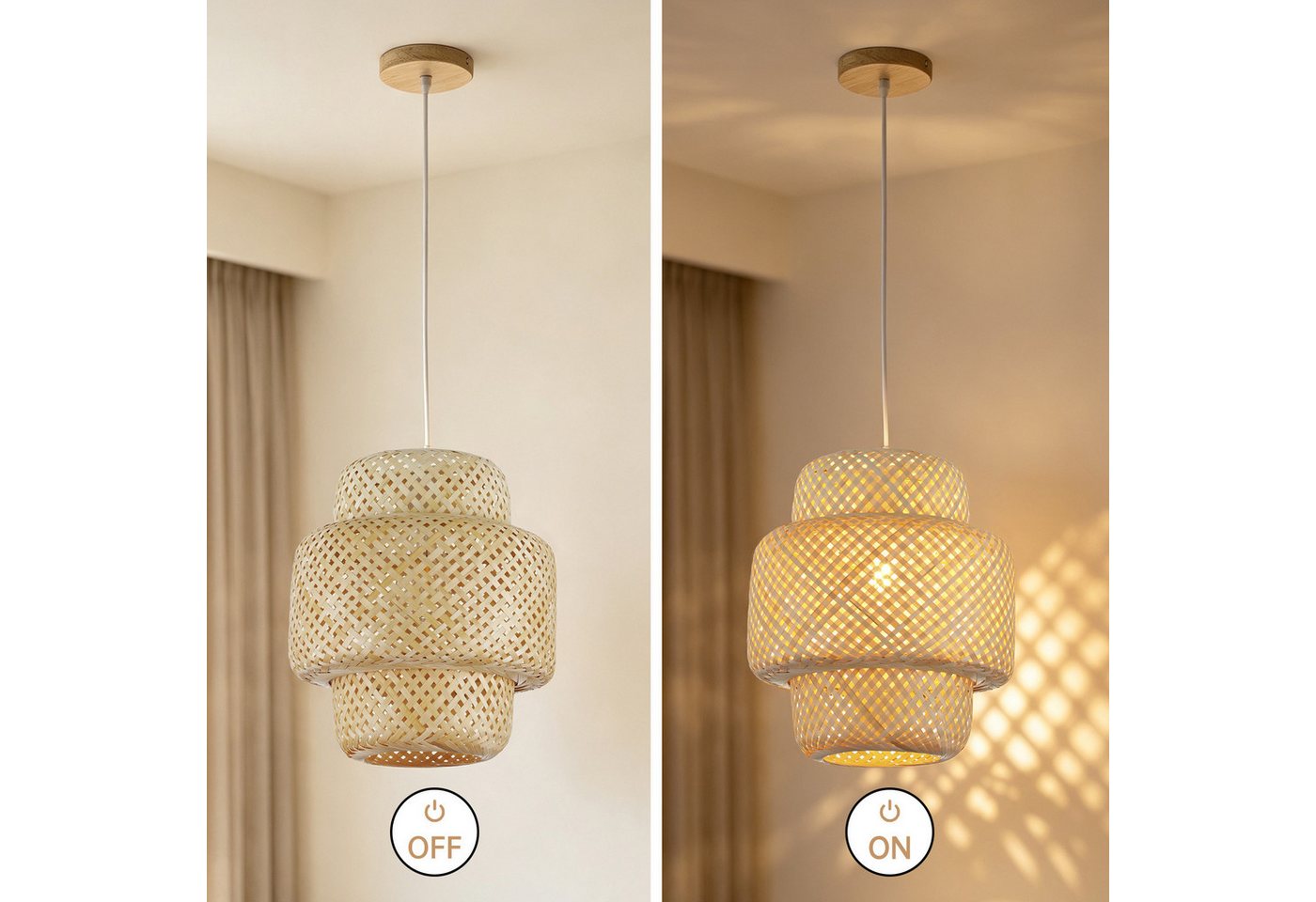 JDONG Pendelleuchte 30CM Pendelleuchte Boho lampe Lampenschirm Bambus E27, ohne Leuchtmittel, Rustic, Handgeflochtene Vintage schlafzimmerlampe,Beige, Beleuchtu – Bild 4 von 5