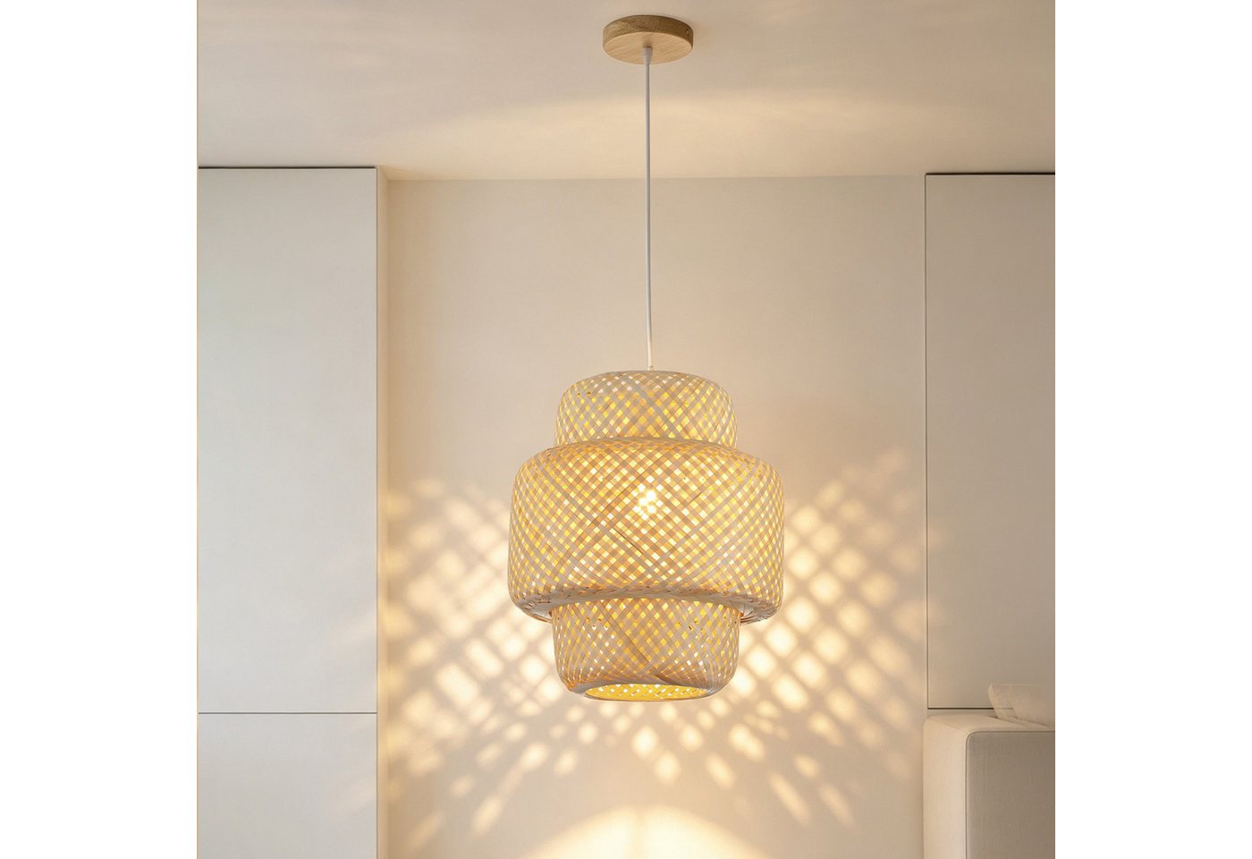 JDONG Pendelleuchte 30CM Pendelleuchte Boho lampe Lampenschirm Bambus E27, ohne Leuchtmittel, Rustic, Handgeflochtene Vintage schlafzimmerlampe,Beige, Beleuchtu – Bild 5 von 5