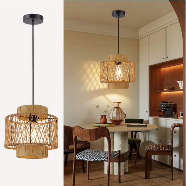 JDONG Pendelleuchte Boho Style Hängelampe 26CM Papierflechten Lampenschirm E27, ohne Leuchtmittel, Esstisch Vintage Hängeleuchte,Braun Deckenlampe, hängend,Vint