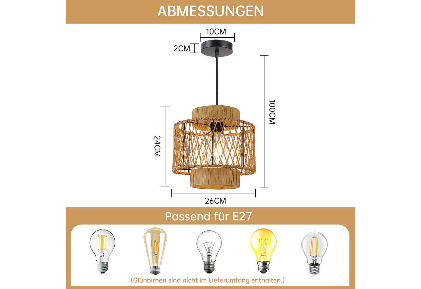 JDONG Pendelleuchte Boho Style Hängelampe 26CM Papierflechten Lampenschirm E27, ohne Leuchtmittel, Esstisch Vintage Hängeleuchte,Braun Deckenlampe, hängend,Vint – Bild 3 von 5