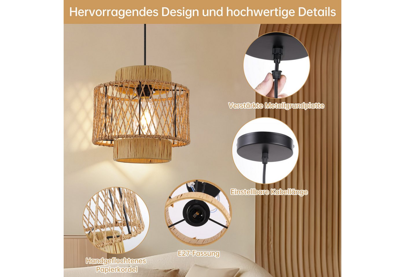 JDONG Pendelleuchte Boho Style Hängelampe 26CM Papierflechten Lampenschirm E27, ohne Leuchtmittel, Esstisch Vintage Hängeleuchte,Braun Deckenlampe, hängend,Vint – Bild 4 von 5