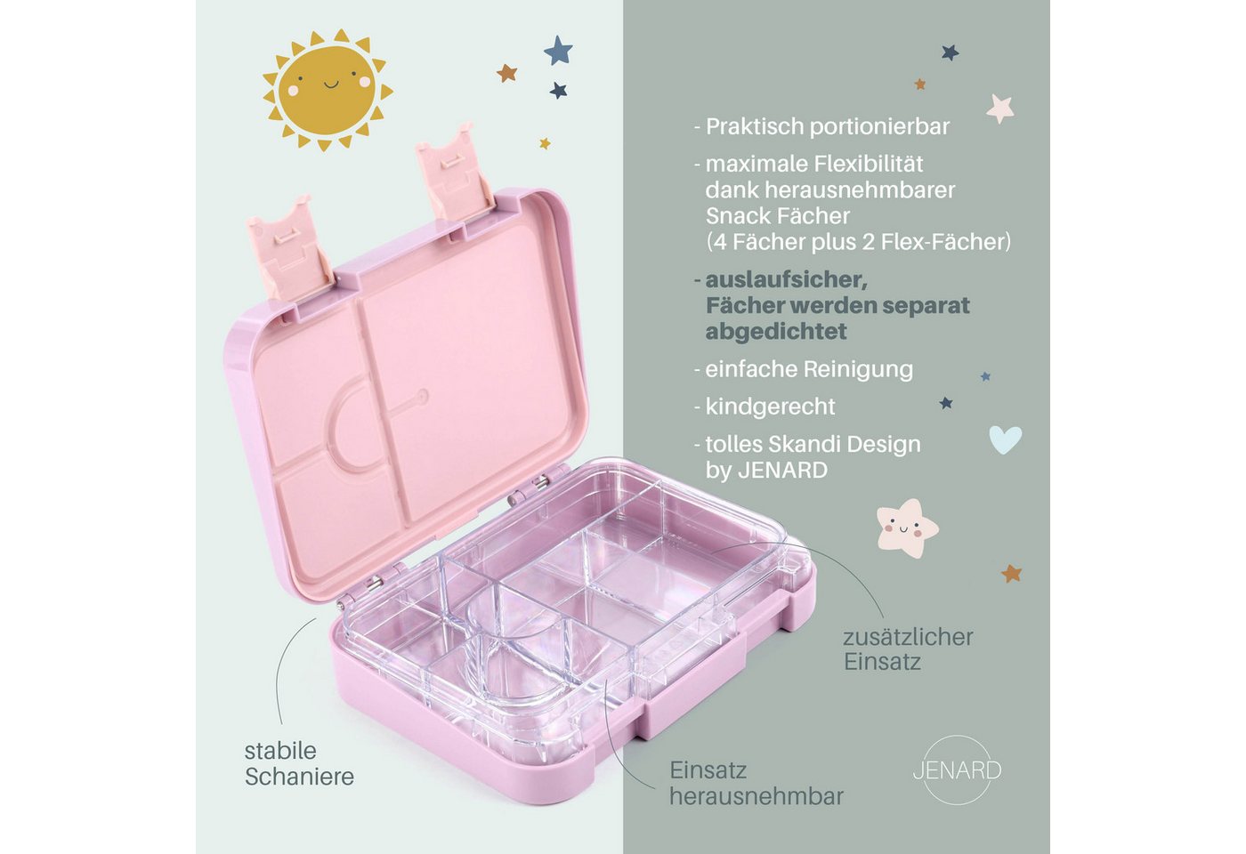 JENARD Lunchbox Brotdose Kinder mit 7 Fächern – Bento Box für Schule & Kindergarten, PP, Tritan, Auslaufsicher, BPA-frei, herausnehmbarer Einsatz, kindgerecht – Bild 4 von 5
