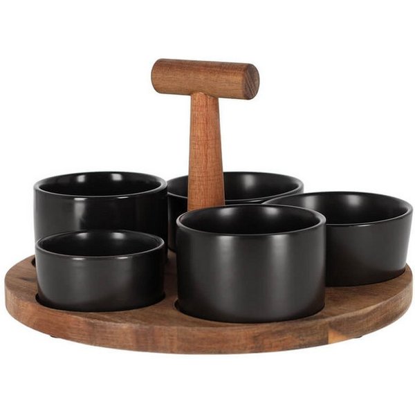 Jens Living Servierschale Bits & Bites Bo Servierset, Akazienholz & 5 Keramikschalen, Schwarz, Holz, Keramik, (6-tlg), Akazienholz, 5 Schalen, gestuft, Griff, r