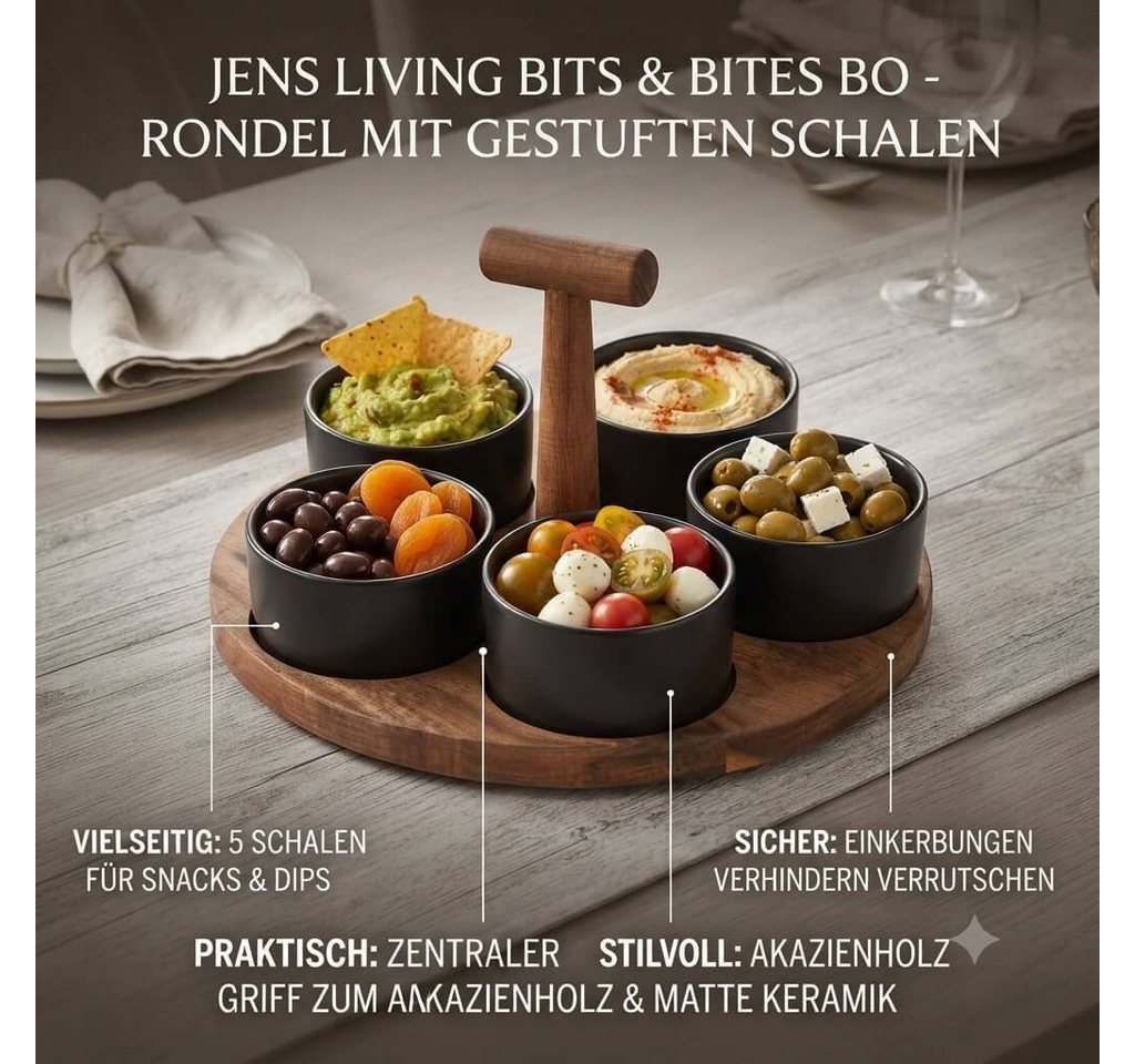 Jens Living Servierschale Bits & Bites Bo Servierset, Akazienholz & 5 Keramikschalen, Schwarz, Holz, Keramik, (6-tlg), Akazienholz, 5 Schalen, gestuft, Griff, r – Bild 2 von 5