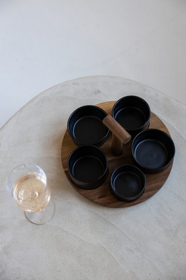 Jens Living Servierschale Bits & Bites Bo Servierset, Akazienholz & 5 Keramikschalen, Schwarz, Holz, Keramik, (6-tlg), Akazienholz, 5 Schalen, gestuft, Griff, r – Bild 5 von 5