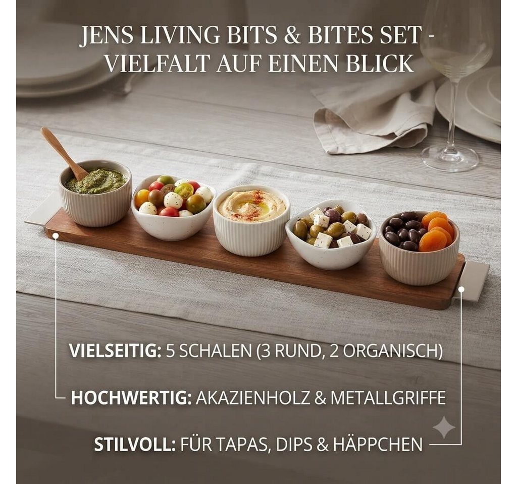 Jens Living Servierschale Bits & Bites Set, Akazienholz mit 5 Schalen & Metallgriffen, Tablet, Holz, Keramik, (6-tlg), Akazienholz, Metallgriffe, 5 Schalen, Tap – Bild 2 von 5