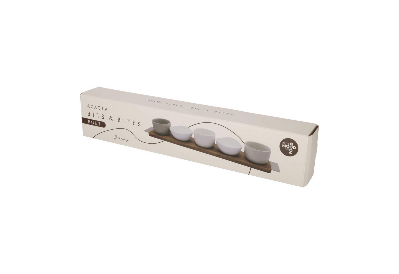 Jens Living Servierschale Bits & Bites Set, Akazienholz mit 5 Schalen & Metallgriffen, Tablet, Holz, Keramik, (6-tlg), Akazienholz, Metallgriffe, 5 Schalen, Tap – Bild 5 von 5