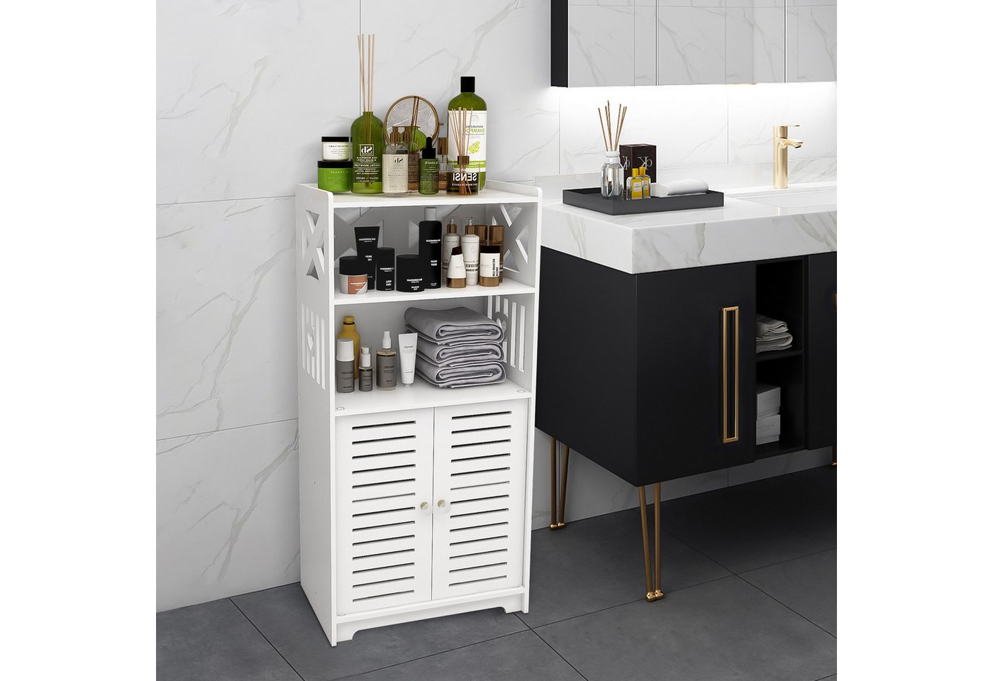 JEOBEST Badkommode Badezimmerschrank, Badschrank, Toilettenschrank, Platzsparendes Badmöbel, Weiß 75x22x36cm – Bild 2 von 5