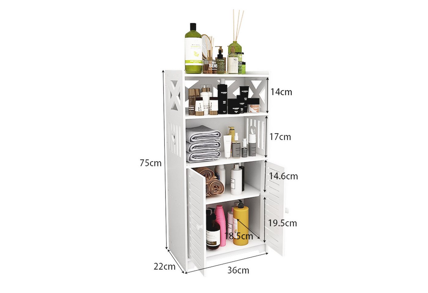 JEOBEST Badkommode Badezimmerschrank, Badschrank, Toilettenschrank, Platzsparendes Badmöbel, Weiß 75x22x36cm – Bild 5 von 5
