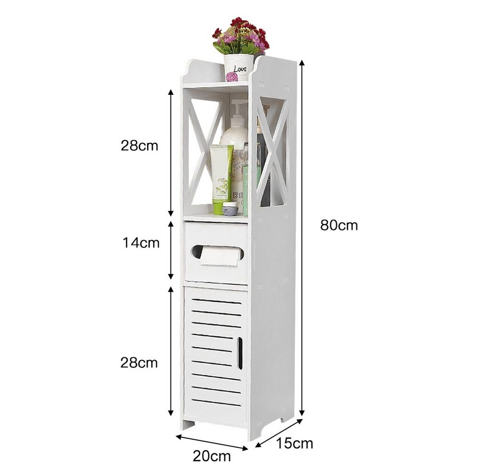 JEOBEST Badkommode Badezimmerschrank mit Toilettenpapierhalter, (1-St, Badregal), Schmal mit Tür, 20x15x80 cm – Bild 4 von 5