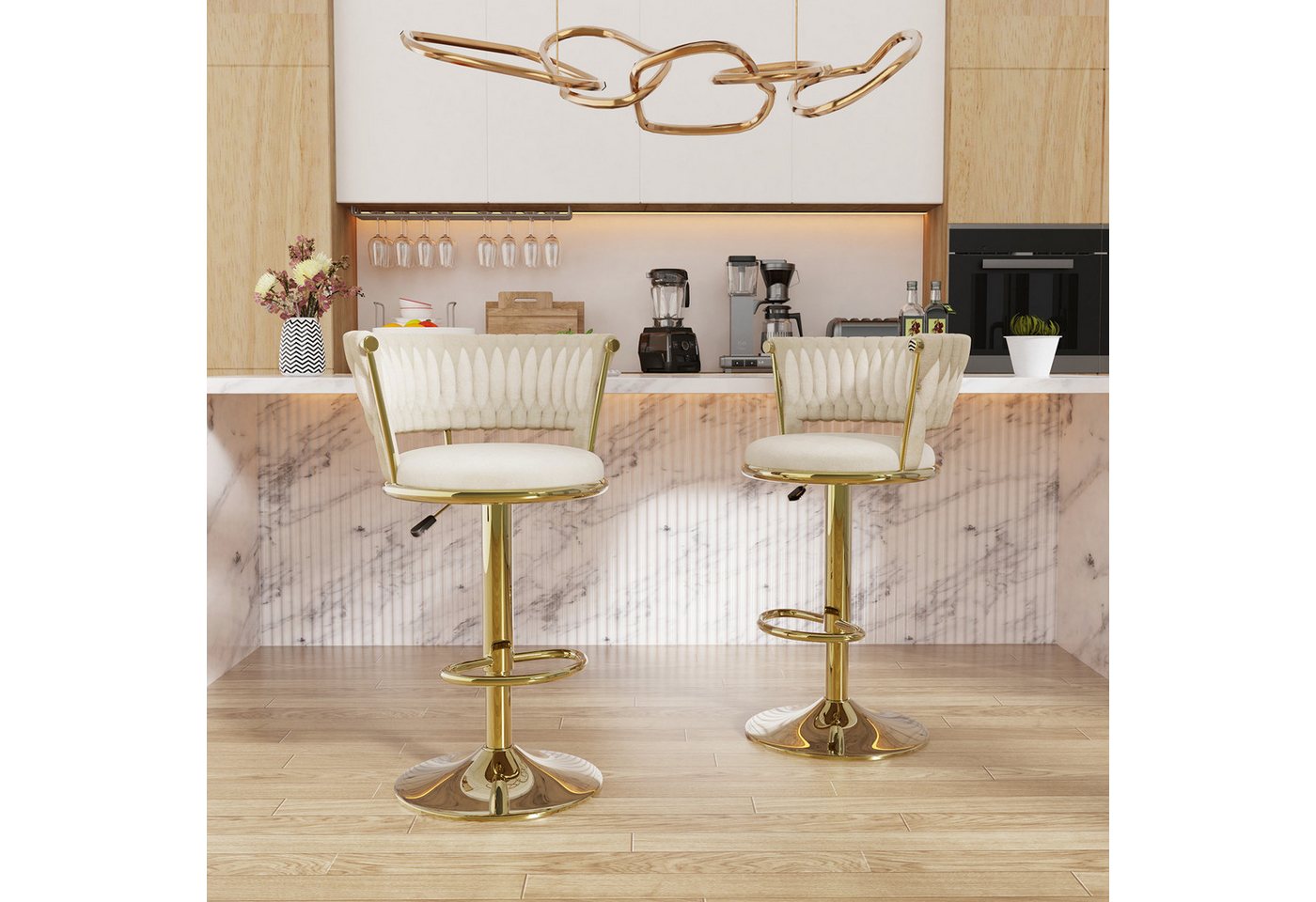 JEOBEST Barhocker Samtsitz Barstuhl, Küchenhocker mit geflochtener Rückenlehne Fußstütze, (2er Set) Barstühle höhenverstellbar 360° drehbar, Metallrahmen – Bild 3 von 5