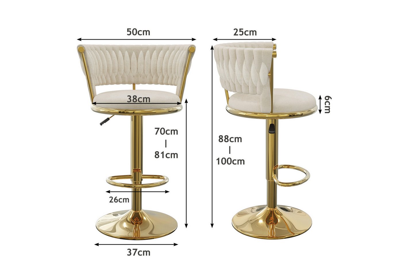 JEOBEST Barhocker Samtsitz Barstuhl, Küchenhocker mit geflochtener Rückenlehne Fußstütze, (2er Set) Barstühle höhenverstellbar 360° drehbar, Metallrahmen – Bild 5 von 5