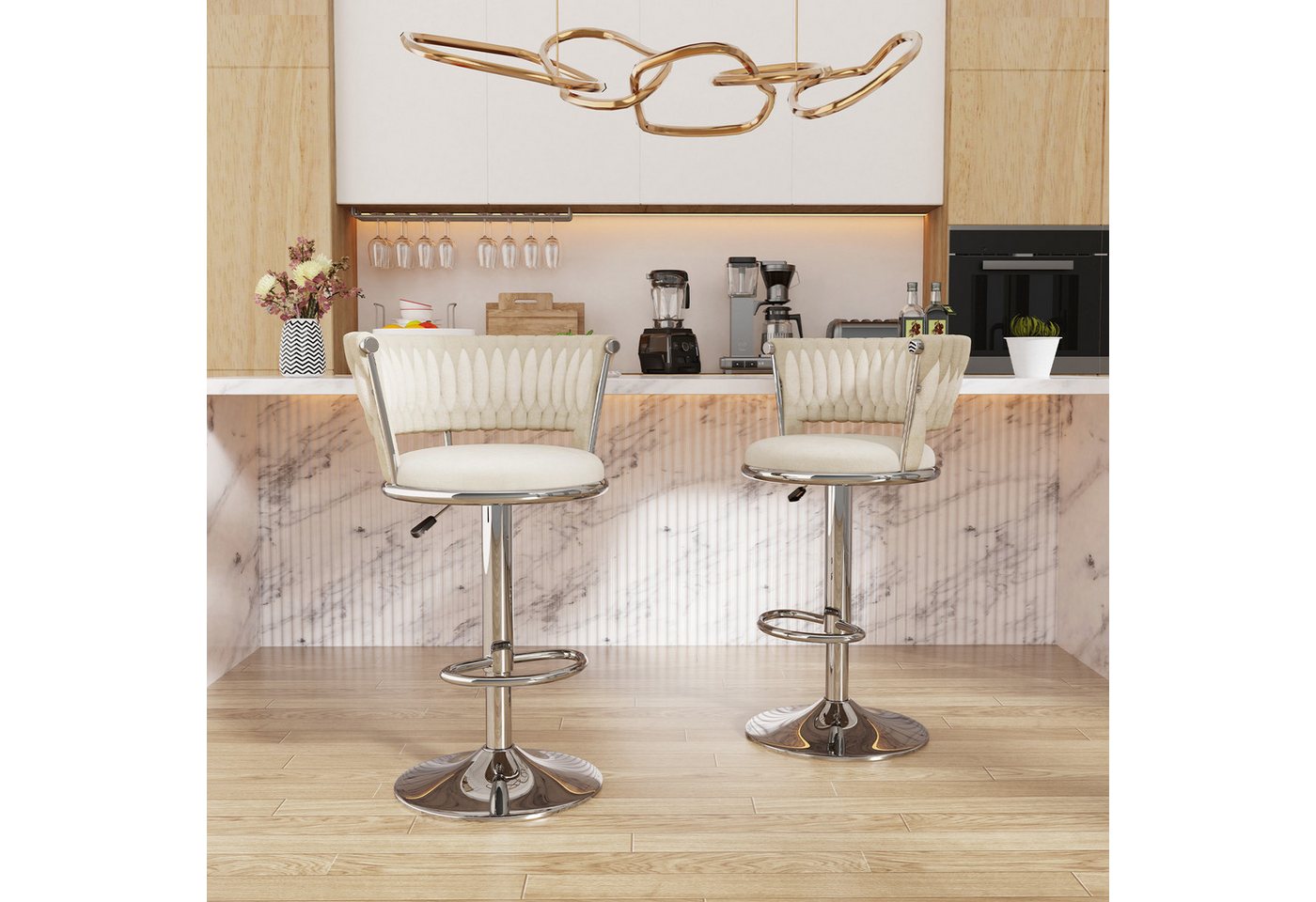 JEOBEST Barhocker Samtsitz Barstuhl, Küchenhocker mit geflochtener Rückenlehne Fußstütze, (2er Set) Barstühle höhenverstellbar 360° drehbar, Metallrahmen – Bild 2 von 5