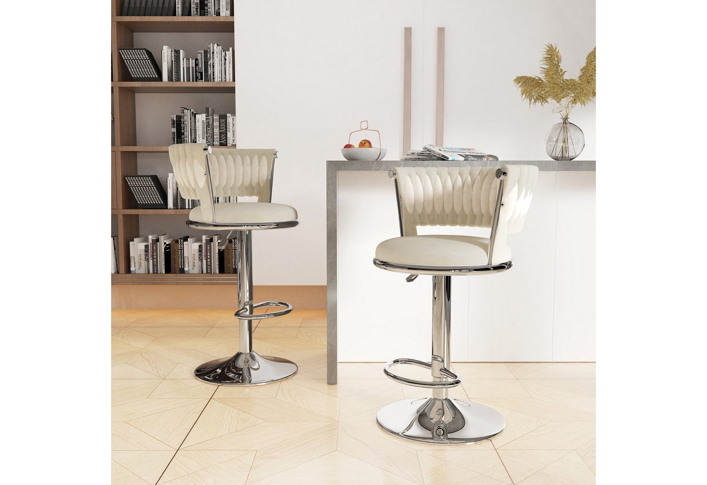 JEOBEST Barhocker Samtsitz Barstuhl, Küchenhocker mit geflochtener Rückenlehne Fußstütze, (2er Set) Barstühle höhenverstellbar 360° drehbar, Metallrahmen – Bild 4 von 5