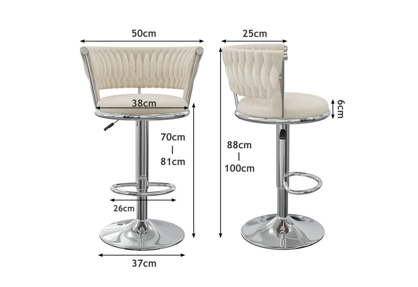 JEOBEST Barhocker Samtsitz Barstuhl, Küchenhocker mit geflochtener Rückenlehne Fußstütze, (2er Set) Barstühle höhenverstellbar 360° drehbar, Metallrahmen – Bild 5 von 5