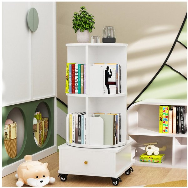 JEOBEST Bücherregal Drehbare Bücherregal, Standregal mit Schubladen, 1-tlg., 360° Rotating Bookshelf, mit Rollen