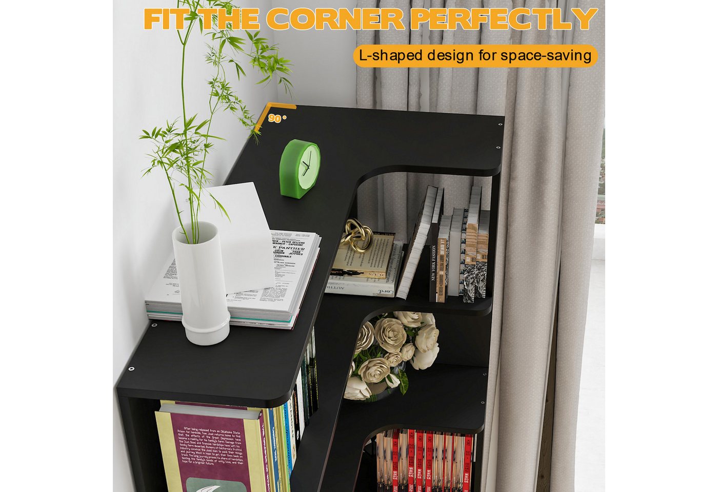 JEOBEST Bücherregal Eckregal, Eck-Bücherregal 5-stöckiges, Modernes Display Unit, L-förmiges Regal, H 169CM – Bild 3 von 4