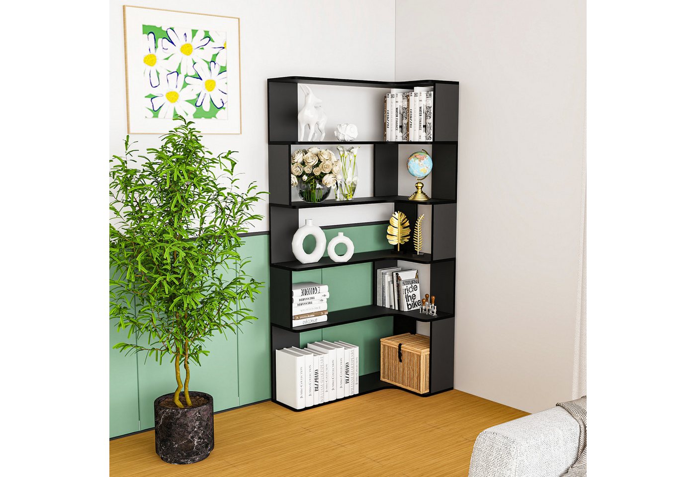 JEOBEST Bücherregal Eckregal, Eck-Bücherregal 5-stöckiges, Modernes Display Unit, L-förmiges Regal, H 169CM – Bild 4 von 4