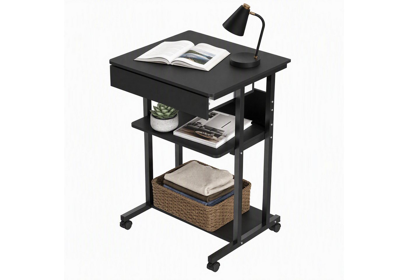 JEOBEST Computertisch Schreibtisch mit Rollen Laptoptisch, (1-St., Standregal) Beistelltisch aus Stahl mit Ablage und Schublade – Bild 2 von 5