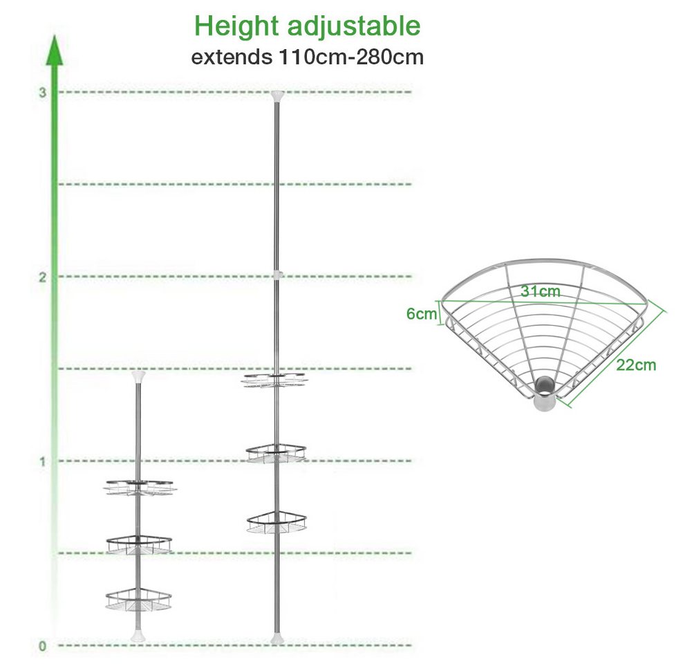 JEOBEST Duschablage Duschregal Edelstahl, Duschregal Teleskop Duschregal, Eckregal Bad, Höhenverstellbar 110-280cm – Bild 4 von 5