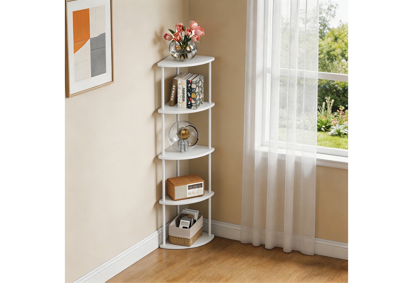 JEOBEST Eckregal Bücherregal mit 5 Ebenen, Aufbewahrungsregal, Pflanzenregal, H: 124cm, Industrial-Design, mit Stahlrahmen – Bild 2 von 5