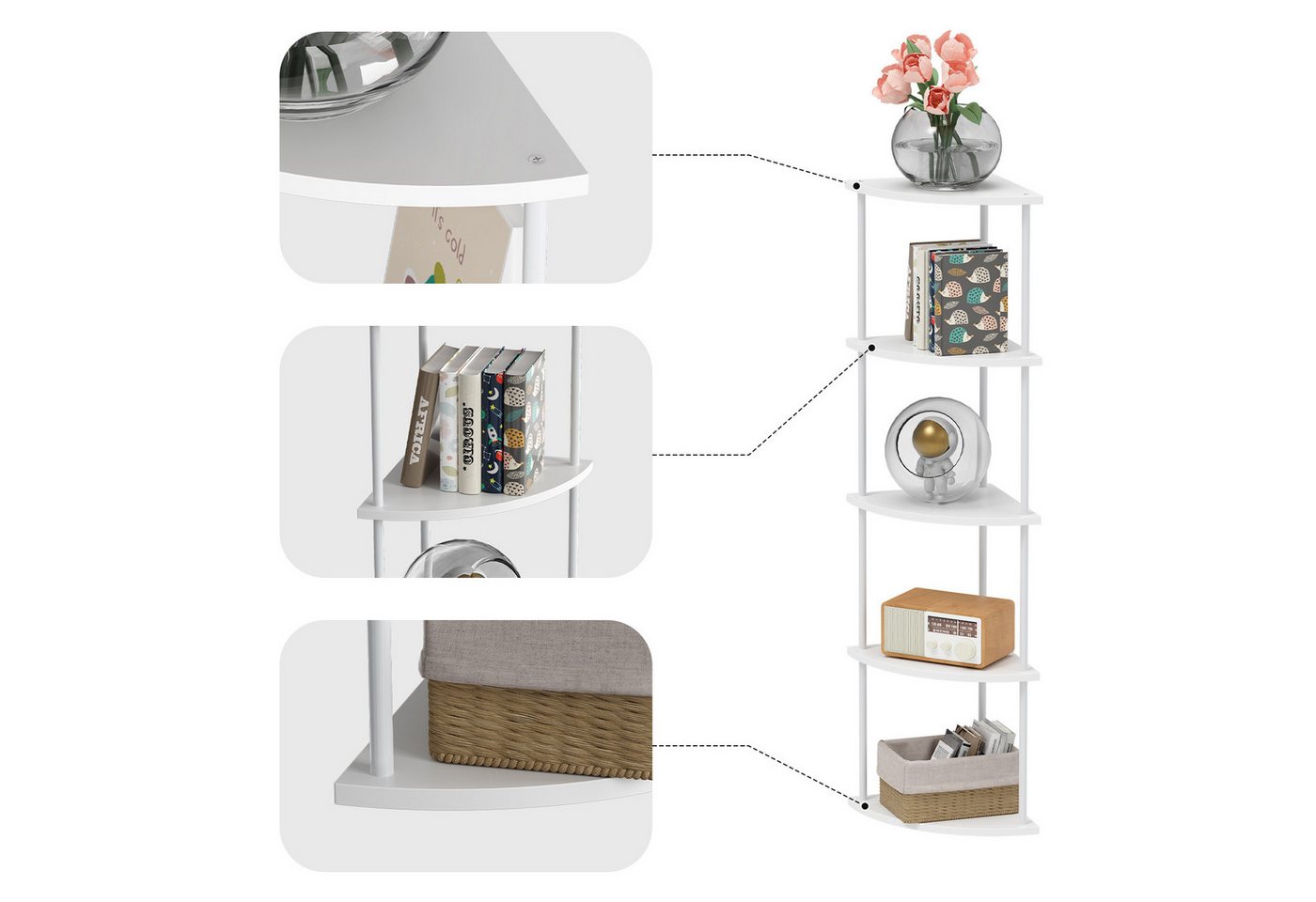 JEOBEST Eckregal Bücherregal mit 5 Ebenen, Aufbewahrungsregal, Pflanzenregal, H: 124cm, Industrial-Design, mit Stahlrahmen – Bild 5 von 5