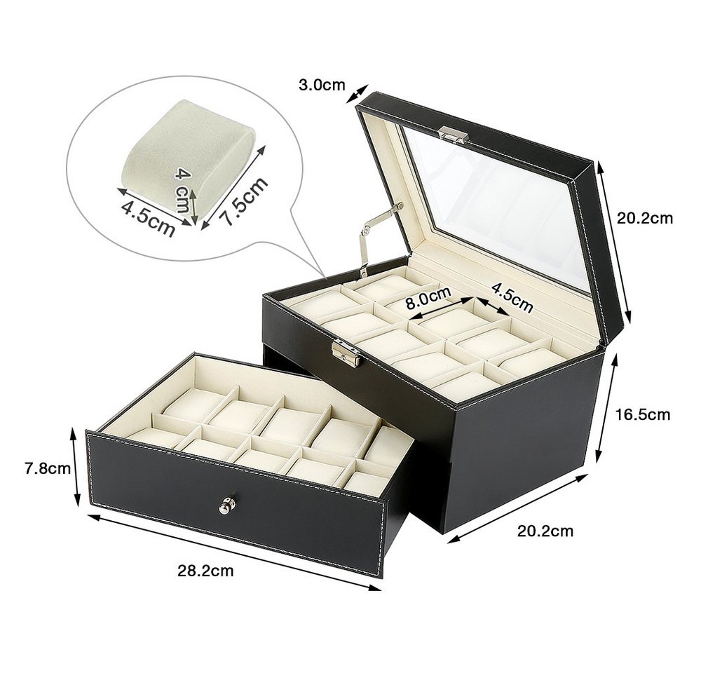 JEOBEST Geschenkbox Uhrenbox mit 20 Fächern, Uhrenkasten mit Glasdeckel, (1 St.,2 Ebenen) abnehmbare Polster, 1 Schublade – Bild 2 von 5