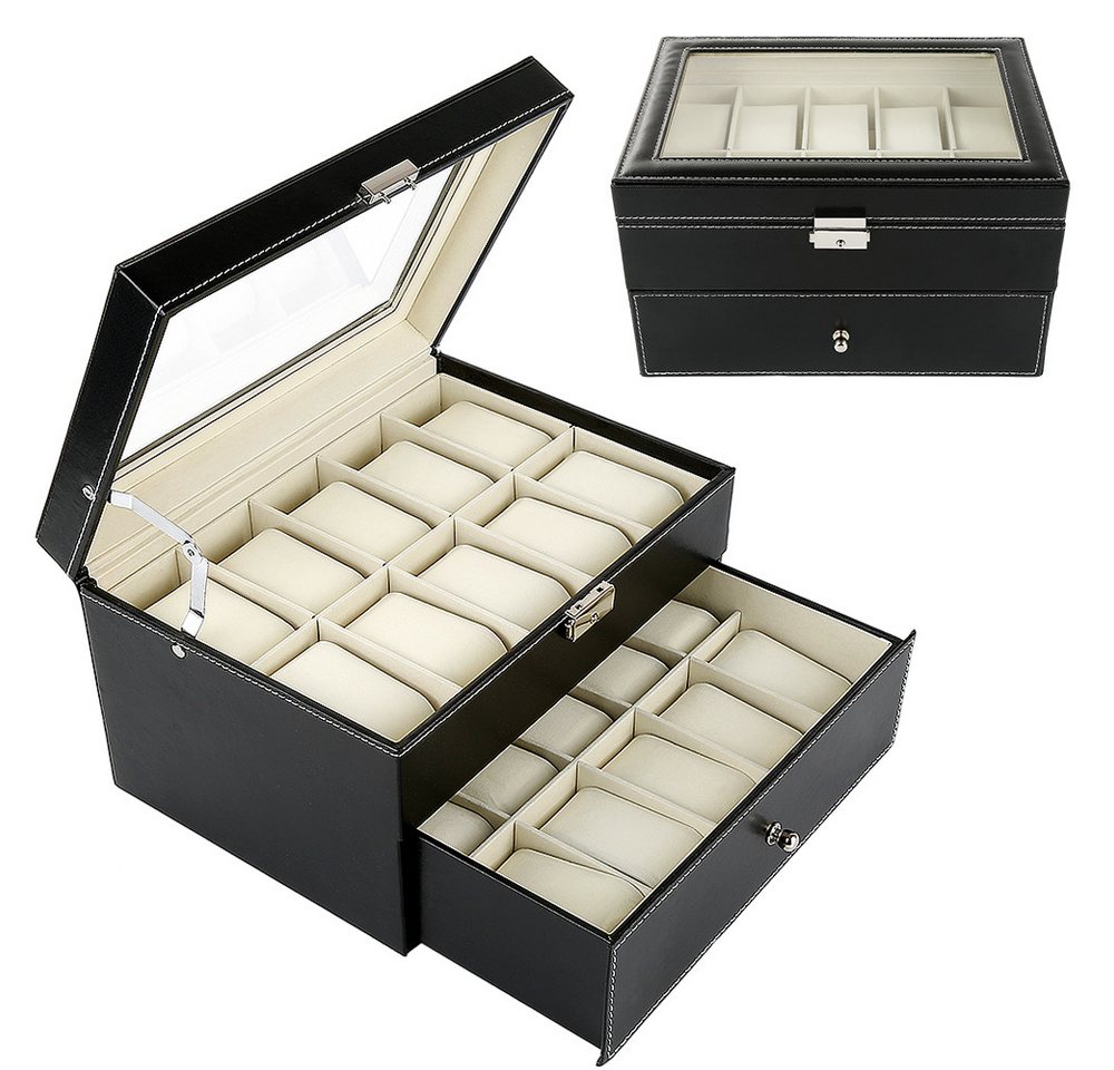 JEOBEST Geschenkbox Uhrenbox mit 20 Fächern, Uhrenkasten mit Glasdeckel, (1 St.,2 Ebenen) abnehmbare Polster, 1 Schublade – Bild 3 von 5