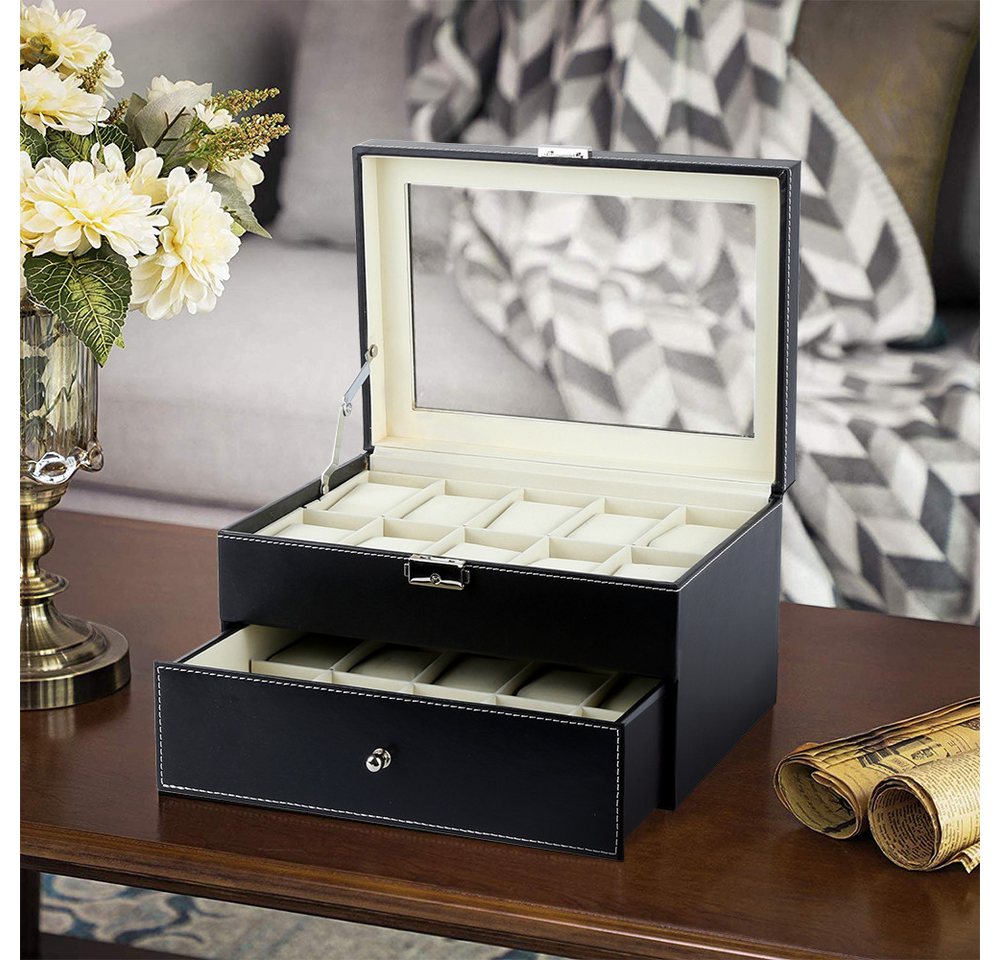 JEOBEST Geschenkbox Uhrenbox mit 20 Fächern, Uhrenkasten mit Glasdeckel, (1 St.,2 Ebenen) abnehmbare Polster, 1 Schublade – Bild 4 von 5