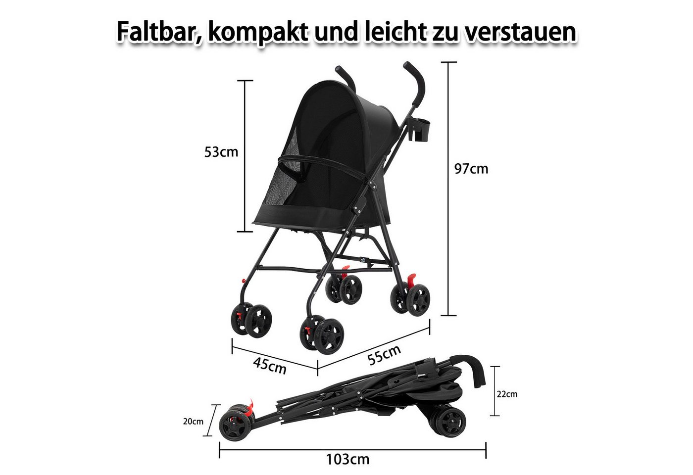 JEOBEST Hundebuggy Pets, Faltbarer Hundewagen, Katzenbuggy für kleine Hunde Katzen, Moskitonetz, Becherhalter – Bild 2 von 4