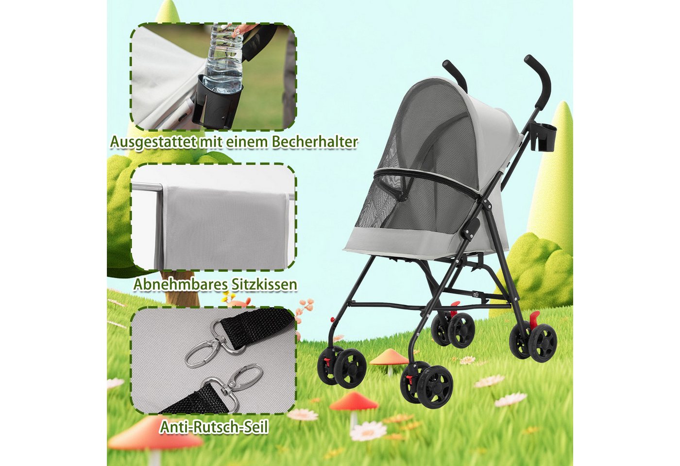 JEOBEST Hundebuggy Pets, Faltbarer Hundewagen, Katzenbuggy für kleine Hunde Katzen, Moskitonetz, Becherhalter – Bild 3 von 5