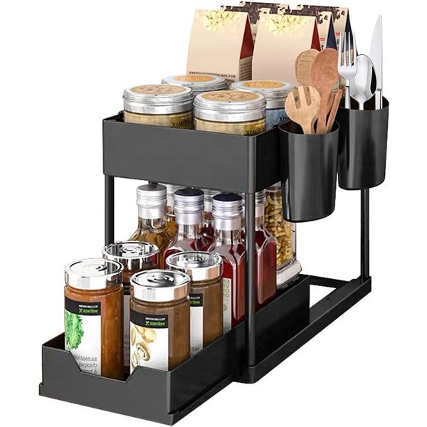 JEOBEST Küchenregal Küchen Organizer, Spülschrank Organizer, Küchen Gewürzregal, 2 Etagen Unter Waschbecken Regal mit 4 Haken &2 Tassen