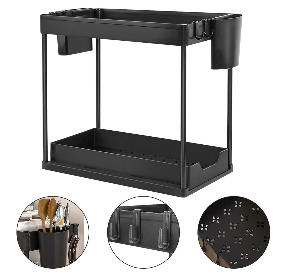 JEOBEST Küchenregal Küchen Organizer, Spülschrank Organizer, Küchen Gewürzregal, 2 Etagen Unter Waschbecken Regal mit 4 Haken &2 Tassen – Bild 2 von 5