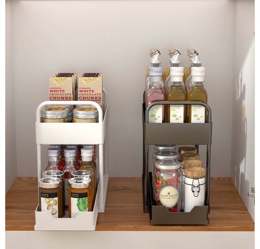 JEOBEST Küchenregal Küchen Organizer, Spülschrank Organizer, Küchen Gewürzregal, 2 Etagen Unter Waschbecken Regal mit 4 Haken &2 Tassen – Bild 5 von 5