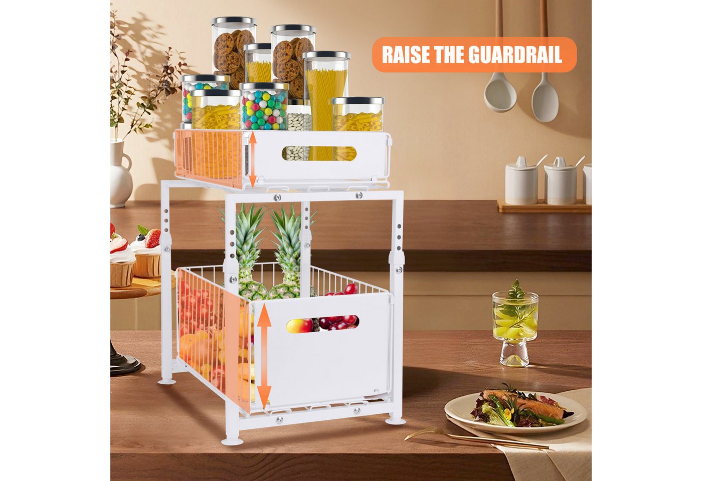 JEOBEST Küchenregal Küchen-Organizer, Gewürzregal, Metall Spülschrank Organizer, 2 Etagen, Höhenverstellbar, Herausziehen Regal Veranstalter – Bild 4 von 5