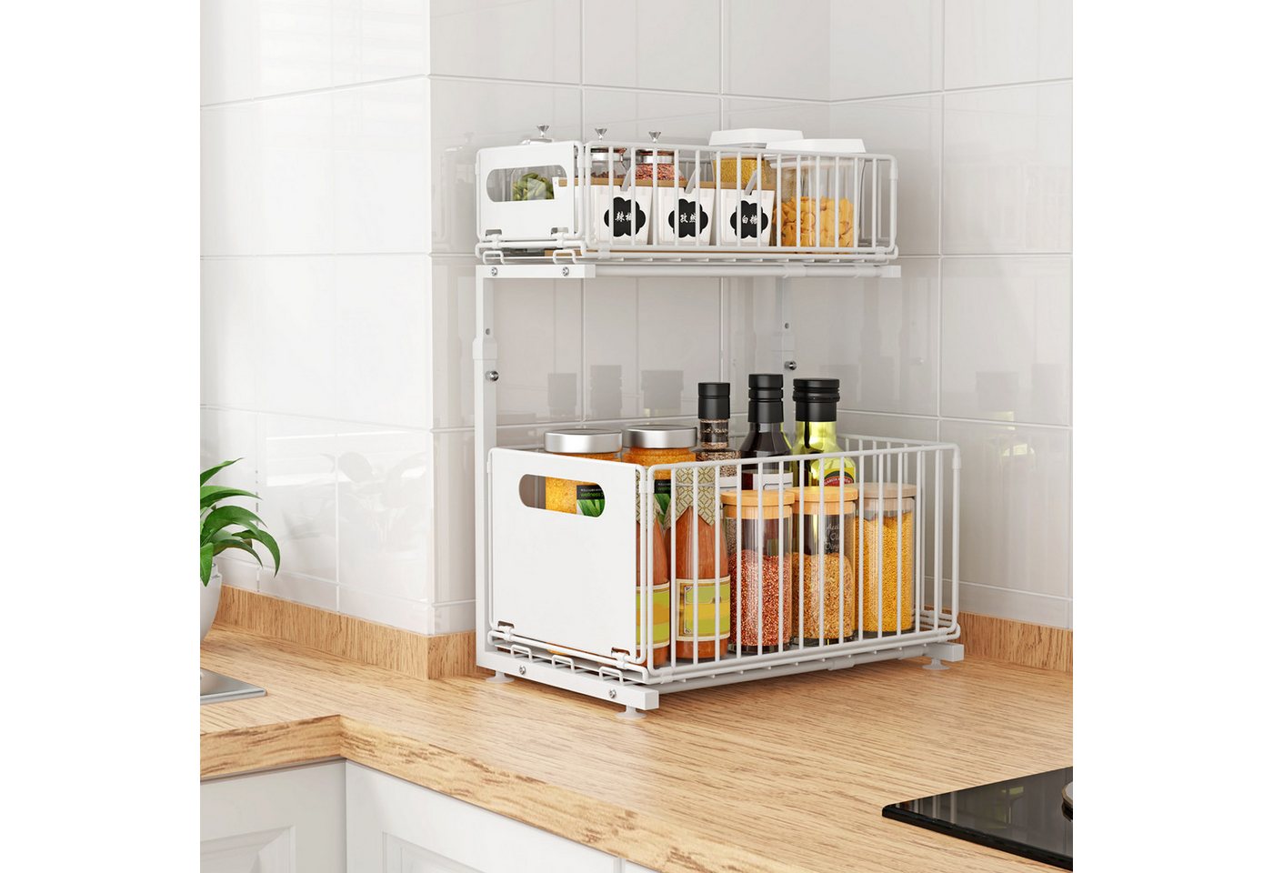JEOBEST Küchenregal Küchen-Organizer, Unter Waschbecken Regal Metall, Ausziehbar Schublade, 2 Etagen, Höhenverstellbar, Herausziehen Regal Veranstalter – Bild 4 von 5
