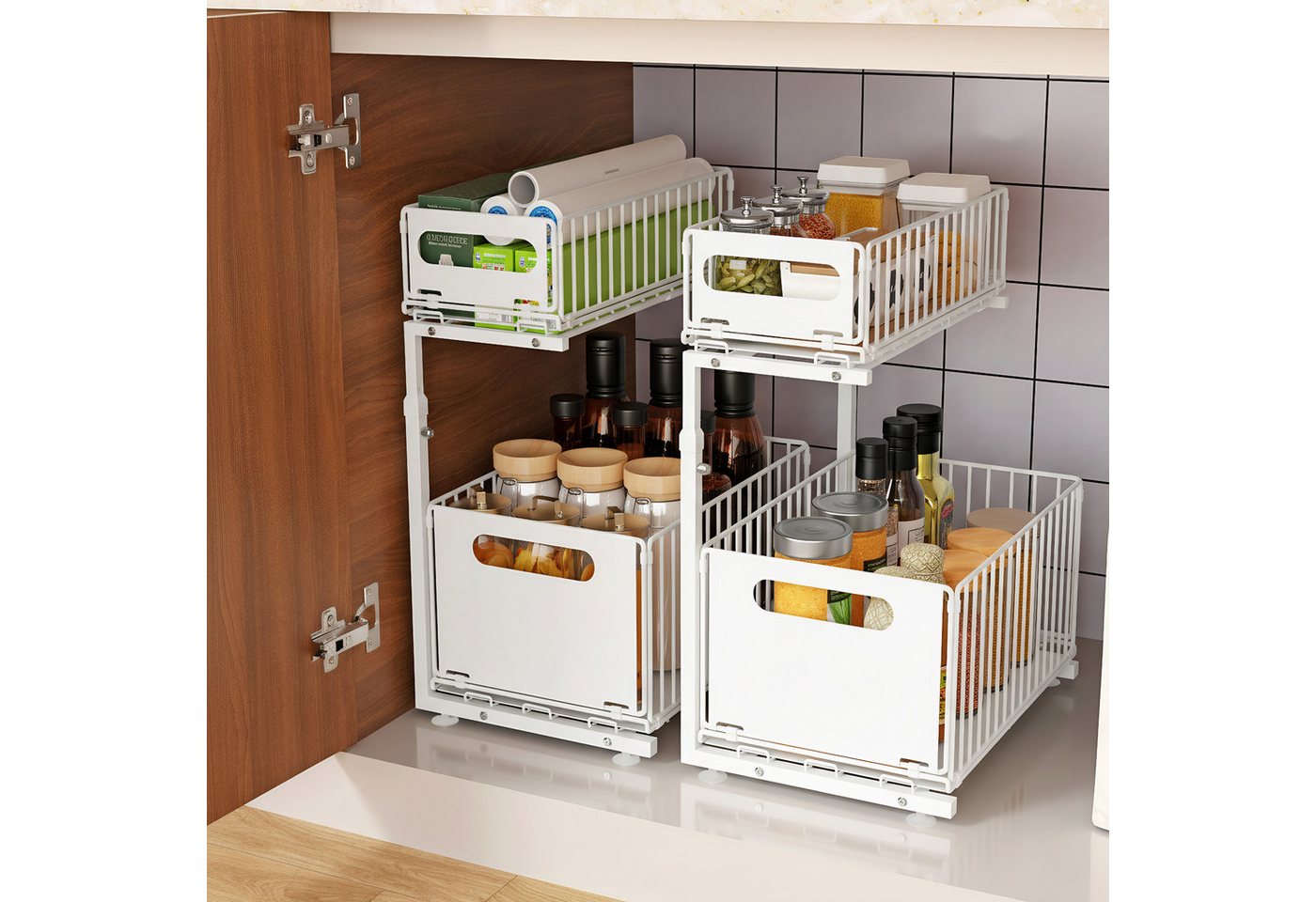 JEOBEST Küchenregal Küchen-Organizer, Unter Waschbecken Regal Metall, Ausziehbar Schublade, 2 Etagen, Höhenverstellbar, Herausziehen Regal Veranstalter – Bild 5 von 5