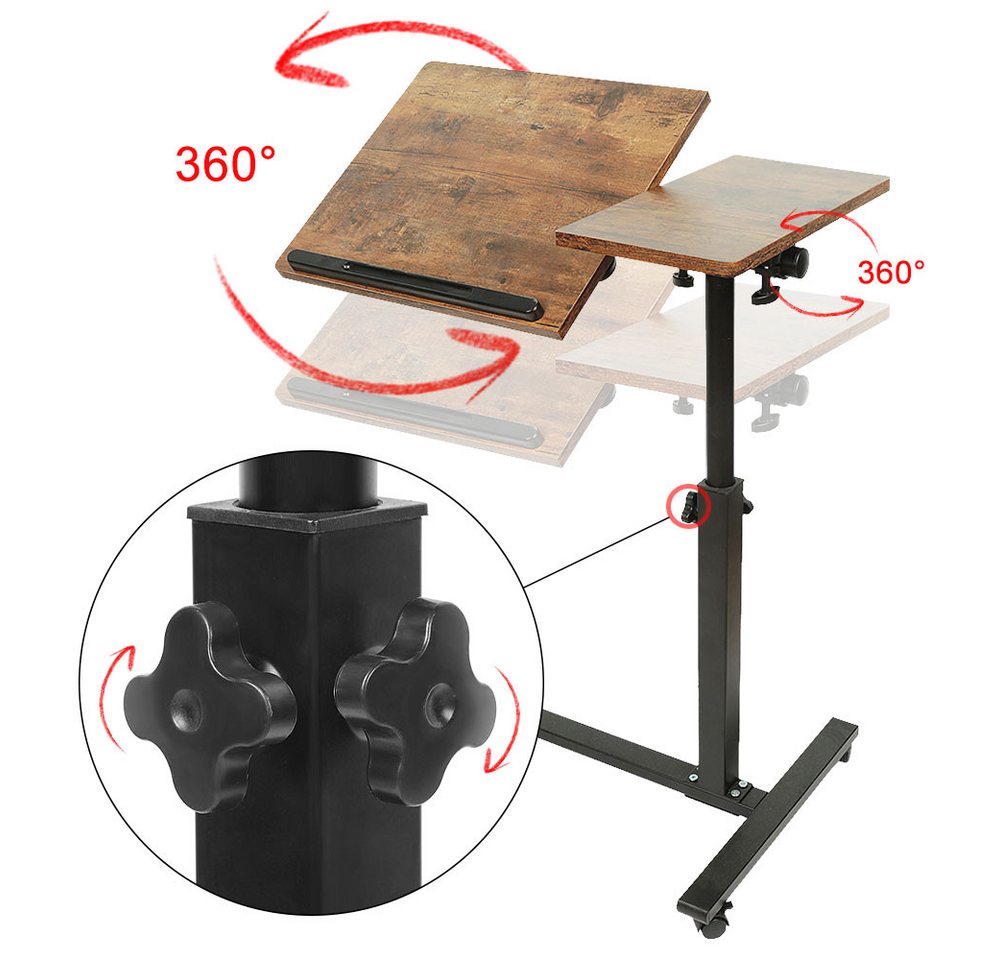 JEOBEST Laptoptisch Beistelltisch Mit Rollen, C-förmiger Couchtisch mit Holzplatte, (1-St) Höhenverstellbar 58 - 90 cm, 0-360° Neigbar – Bild 3 von 5