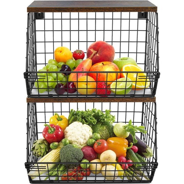 JEOBEST Obstschale Küchen organizer Mit Holzdeckel, Metall Hängender Obstkorb, 2 Etagen, Rostfreies, Kohlenstoffstahl, Abnehmbare Körbe