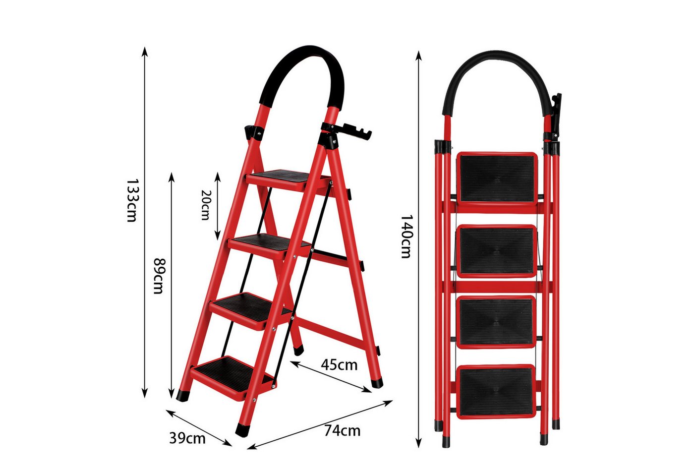 JEOBEST Trittleiter Stufenleiter, Klappleiter Tritthocker mit Handläufen, ( 4 Stufen) Sicherheitsleiter, Anti-Rutsch-stabilem und breitem Pedal – Bild 2 von 5
