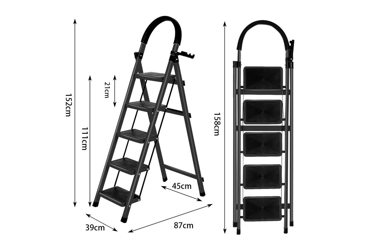 JEOBEST Trittleiter Stufenleiter, Klappleiter Tritthocker mit Handläufen, ( 5 Stufen) Sicherheitsleiter, Anti-Rutsch-stabilem und breitem Pedal – Bild 2 von 5
