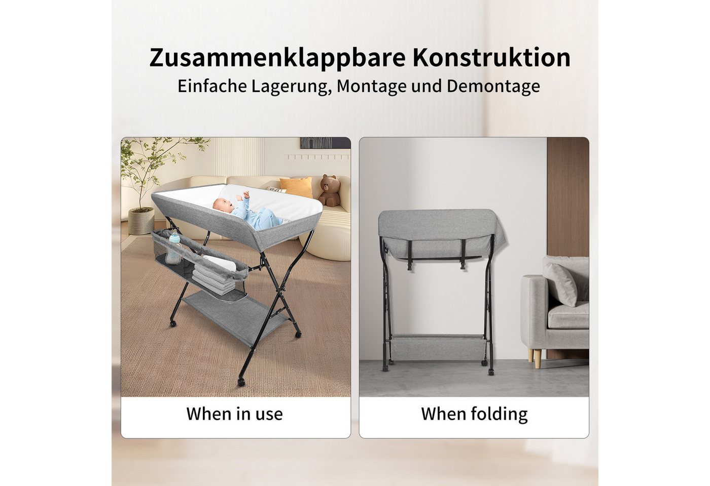 JEOBEST Wickeltisch Klappbare Wickelkommode Reisewickelkommode Mit Rollen, (1-tlg) Leitplankendesign, Höhenverstellbar,Wasserdicht PVC – Bild 3 von 5