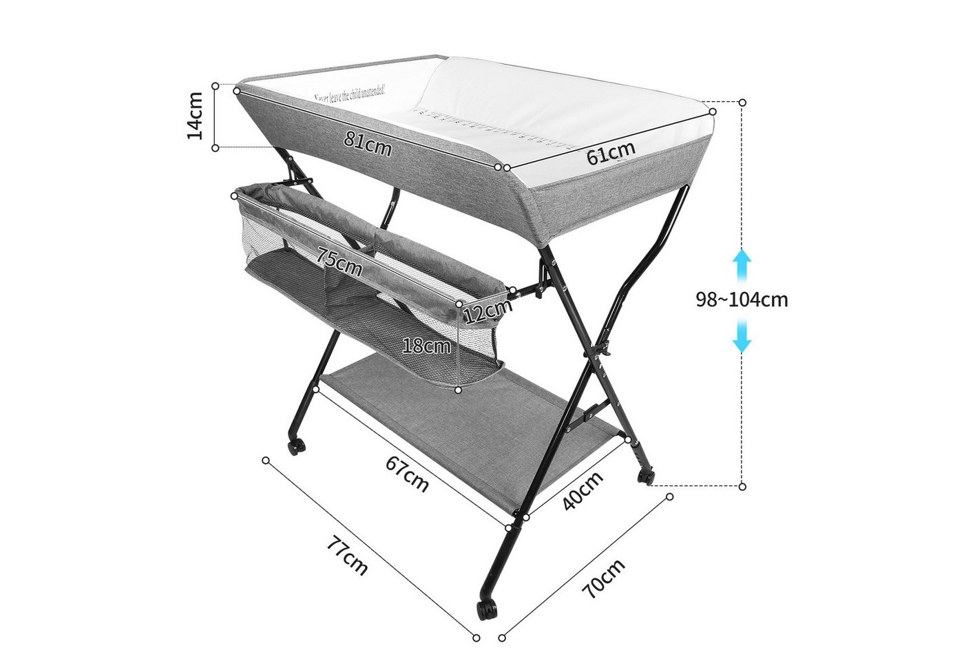 JEOBEST Wickeltisch Klappbare Wickelkommode Reisewickelkommode Mit Rollen, (1-tlg) Leitplankendesign, Höhenverstellbar,Wasserdicht PVC – Bild 4 von 5