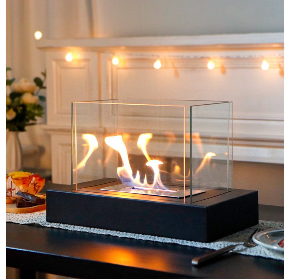 JHY DESIGN Feuerschale 35cm Breite Windlicht Tischkamin Feuerschale aus Metall und Glas, (1-St), für Innen und Außenbereich, Schwarz – Bild 2 von 5